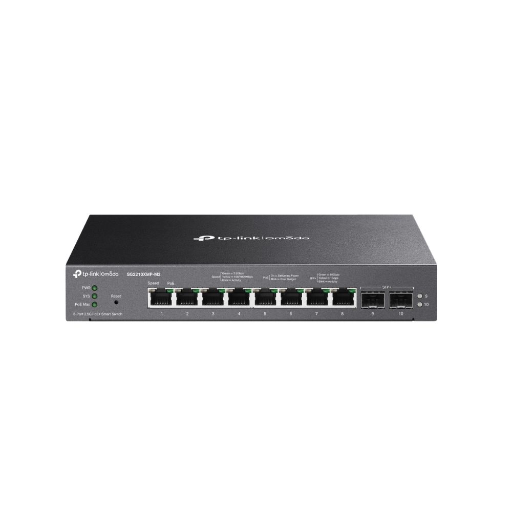 Купить Коммутатор PoE+ Smart 2,5GbE 10-портовый Tp-Link SG2210XMP-M2 <JetStream&trade; 8 портов 2,5GbE 802.3af/at (max 30W на порт),  2 10 Гигабитных SFP+ слота, коммутационная матрица 80 Гбит/с, бюджет мощности PoE 160W, интеграция с Omada SDN> в Алматы