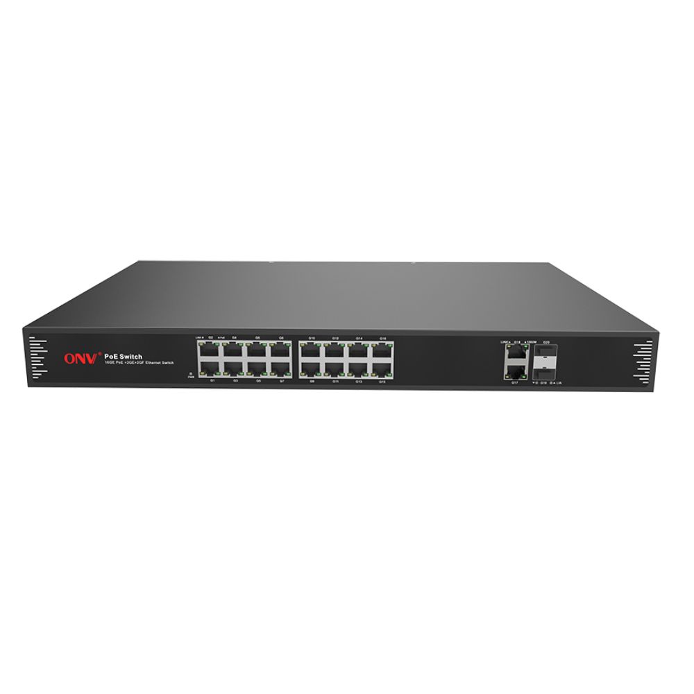 Купить Коммутатор PoE 16-портовый ONV-POE33020PF <16*10/100/1000M POE port,802.3af/at+2*10/100/1000M, RJ 45+ 2*1000M SFP fiber slot, Built-in power supply, compatible with 1U rack> в Алматы