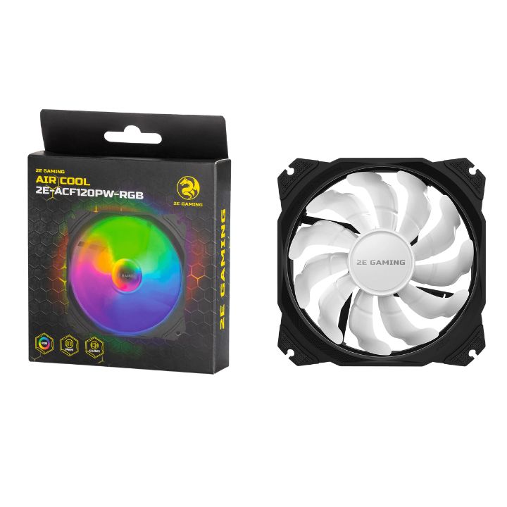 Купить Корпусной вентилятор 2E GAMING AIR COOL (ACF120PW-RGB), 120мм,2510-4PIN, белые лопасти, черная рамка в Алматы