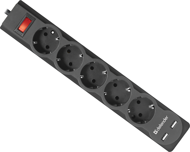 Купить Сетевой фильтр Defender DFS 753 - 3,0 М, 2xUSB, 2.1A, 5 outlets в Алматы