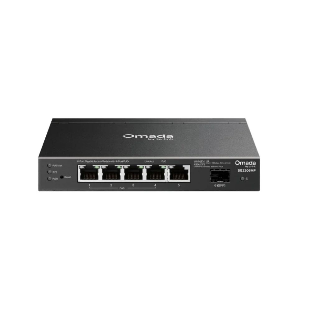 Купить Коммутатор PoE+ Smart GbE  6-портовый TP-Link SG2206MP <Omada 4 порта GbE 802.3af/at (max 30W на порт),  1 порт GbE RJ45, 1 Гигабитных SFP-слот, коммутационная матрица 12 Гбит/с, бюджет мощности PoE 63W, интеграция с Omada SDN> в Алматы