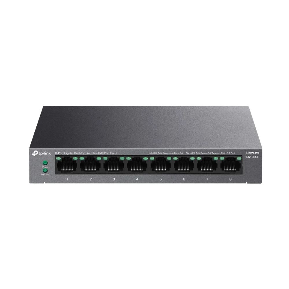 Купить Коммутатор PoE+ GbE  8-портовый Tp-Link LS108GP <8 портов PoE+ 802.3 af/at (до 30 Вт), режим расширения (передача данных и подача питания по PoE на расстояние до 250 м), Режим восстановления PoE Auto Recovery, бюджет мощности PoE 62W> в Алматы