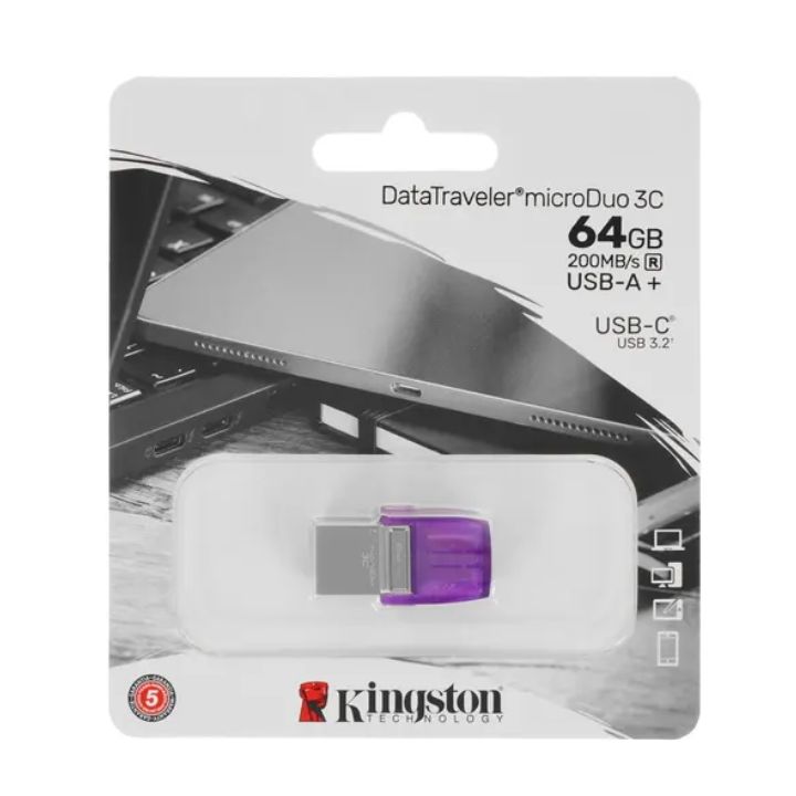 Купить USB-flash Kingston 64GB DTDUO3CG3/64GB, двойной интерфейс USB Type-C и Type-A, 200 МБ/с (чтение), USB 3.2 Gen 1 в Алматы