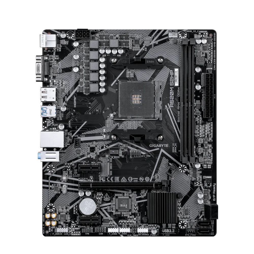Купить Материнская плата GIGABYTE A520M S2HP, AM4, 2xDDR4, PCIe3.0, VGA+DVI+HDMI, 4xSATA, M.2, GLAN, mATX в Алматы