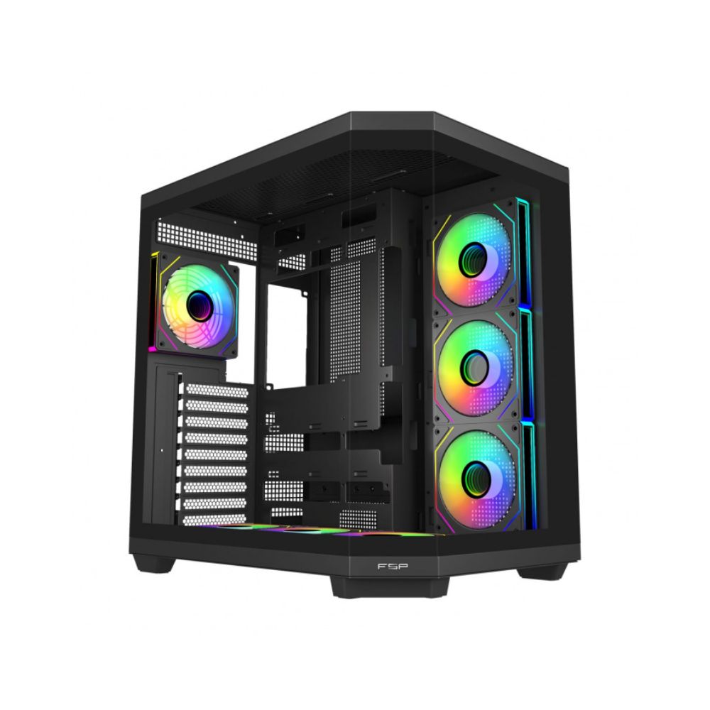 Купить Компьютерный корпус FSP U580-BA, Без БП, 2xUSB3.0/Type-C, 7xARGB 120, Curved Glass, Black, ATX(BTF) в Алматы