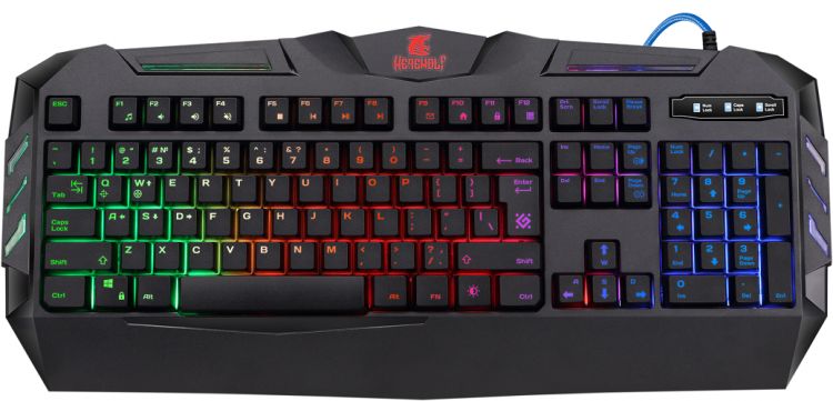 Купить Клавиатура проводная игровая Defender Werewolf GK-120DL, ENG/RUS, USB, RGB подсветка, Подсветка символов и клавиш, Горячие клавиши для быстрого доступа к офисным, мультимедийным и интернет приложениям, Угол наклона клавиатуры регулируется с помощью н в Алматы